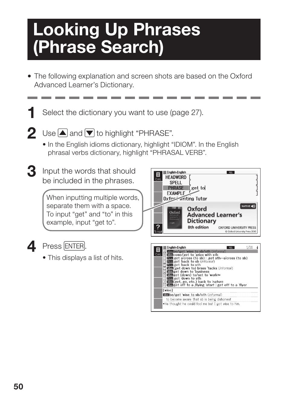 Looking up phrases (phrase search) | Casio EW-B2000C User Manual | Page 52 / 155