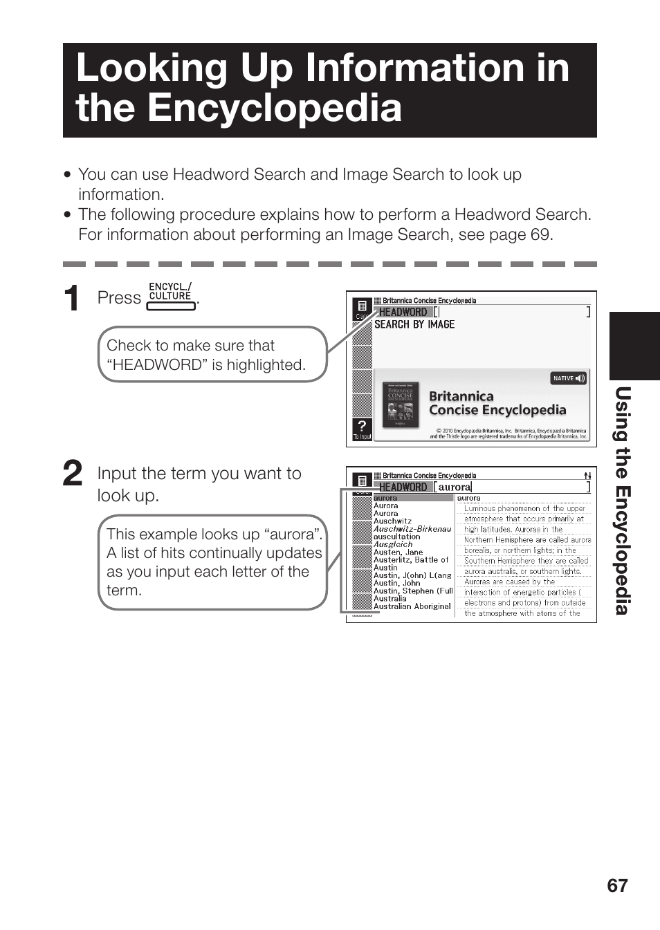 Looking up information in the encyclopedia | Casio EW-B2000C User Manual | Page 69 / 155