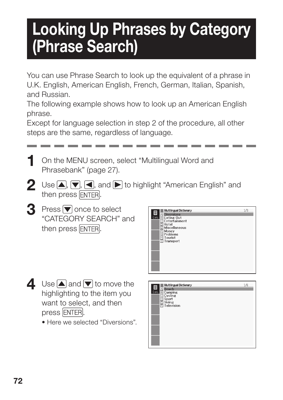 Looking up phrases by category (phrase search) | Casio EW-B2000C User Manual | Page 74 / 155