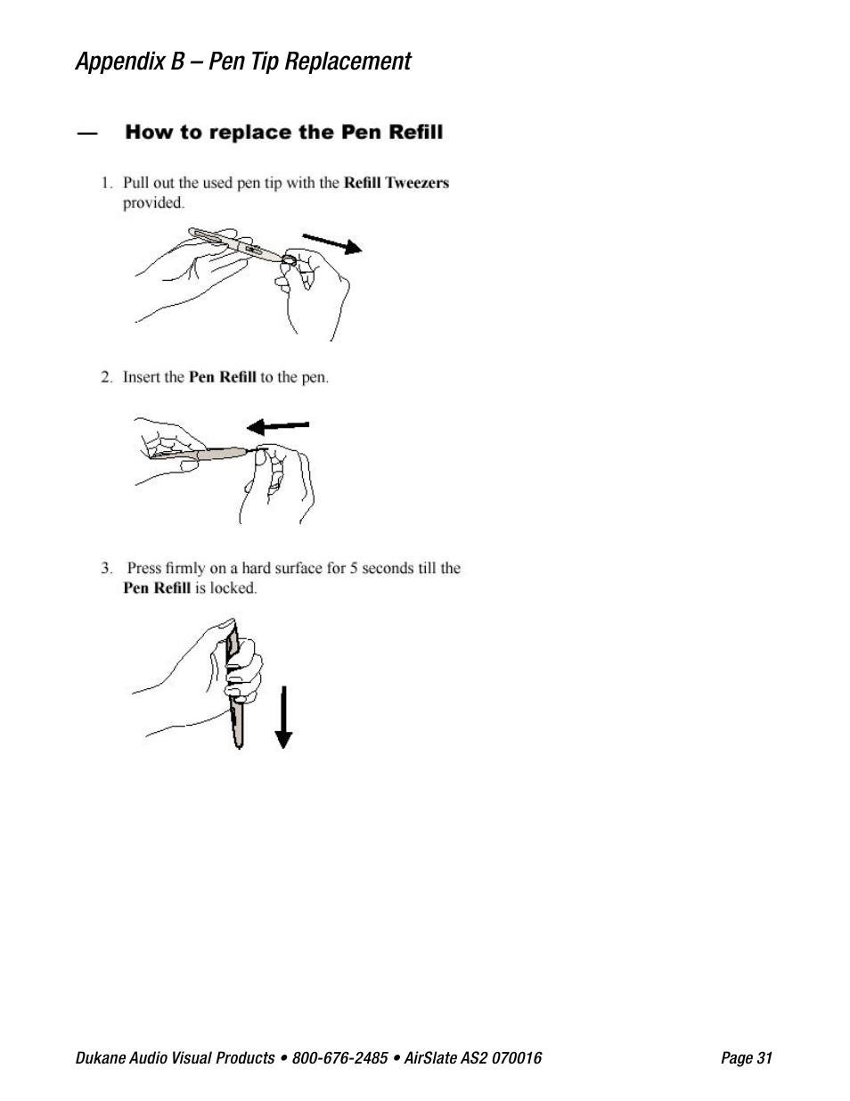 Appendix b – pen tip replacement | Dukane AIRSLATE AS2 User Manual | Page 33 / 36