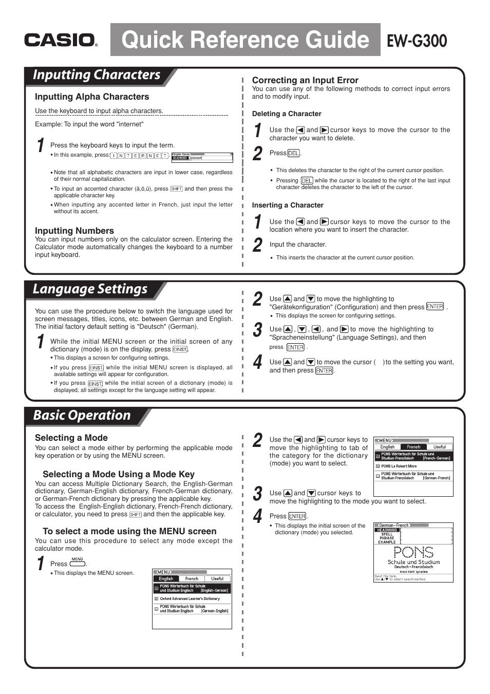 Quick reference guide, Ew-g300 | Casio EW-G300 Quick Reference Guide User Manual | Page 2 / 3