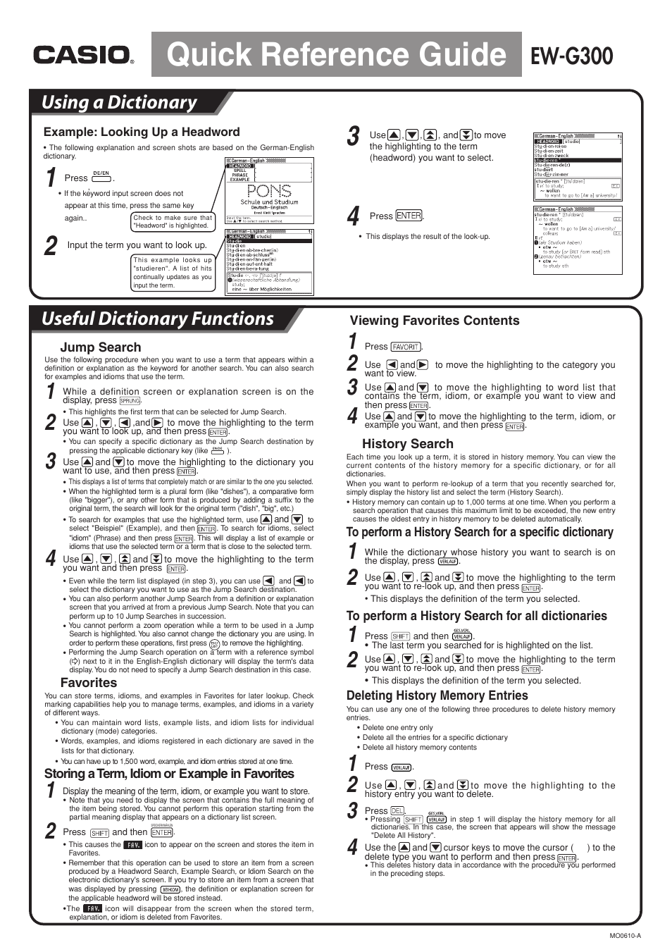 Quick reference guide, Ew-g300, Using a dictionary useful dictionary functions | Jump search, Favorites, Storing a term, idiom or example in favorites, Viewing favorites contents, History search | Casio EW-G300 Quick Reference Guide User Manual | Page 3 / 3