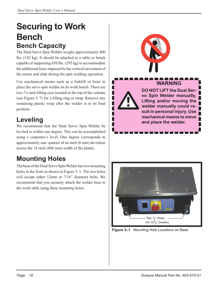 Securing to work bench, Bench capacity, Leveling | Mounting holes, Warning | Dukane 403-570-01 User Manual | Page 22 / 118