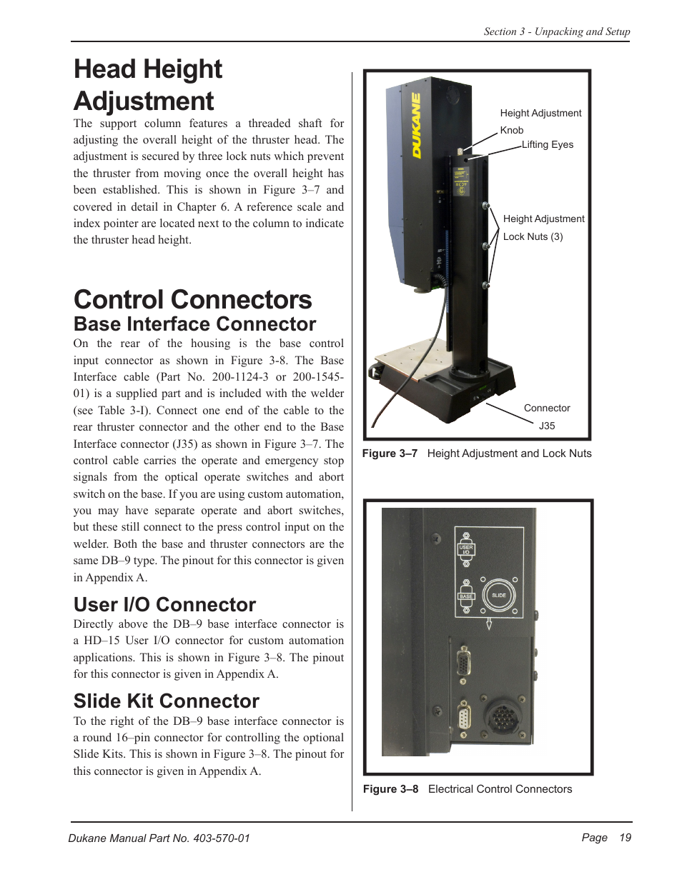 Head height adjustment, Control connectors, Base interface connector | User i/o connector, Slide kit connector | Dukane 403-570-01 User Manual | Page 25 / 118