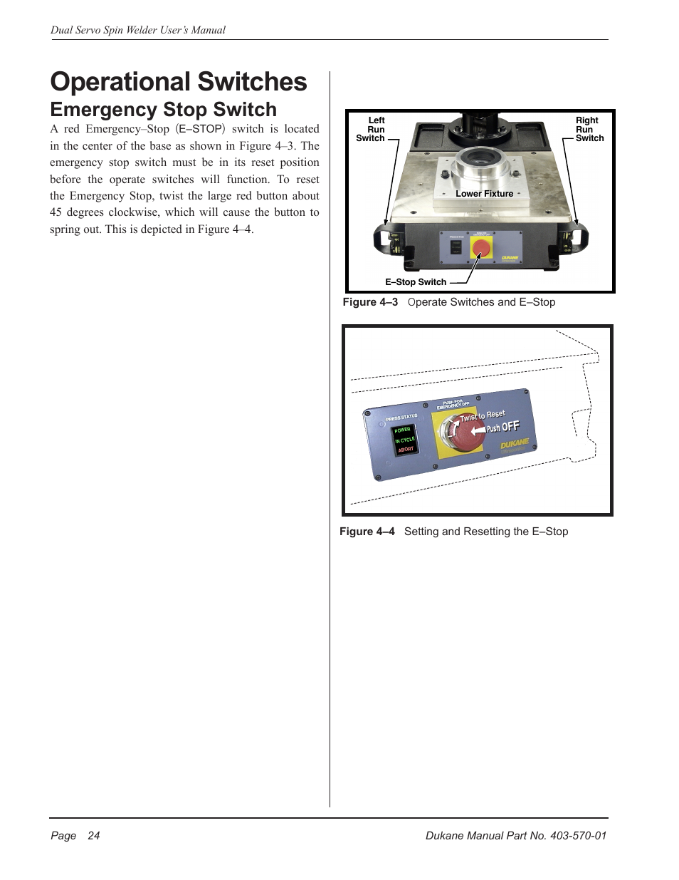Operational switches, Emergency stop switch | Dukane 403-570-01 User Manual | Page 30 / 118