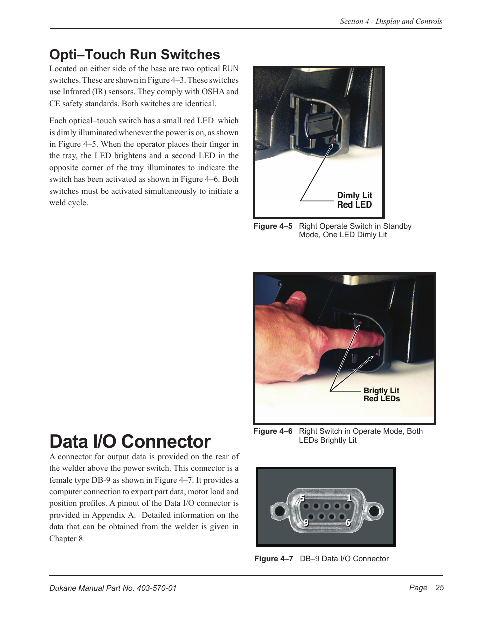 Data i/o connector, Opti–touch run switches | Dukane 403-570-01 User Manual | Page 31 / 118