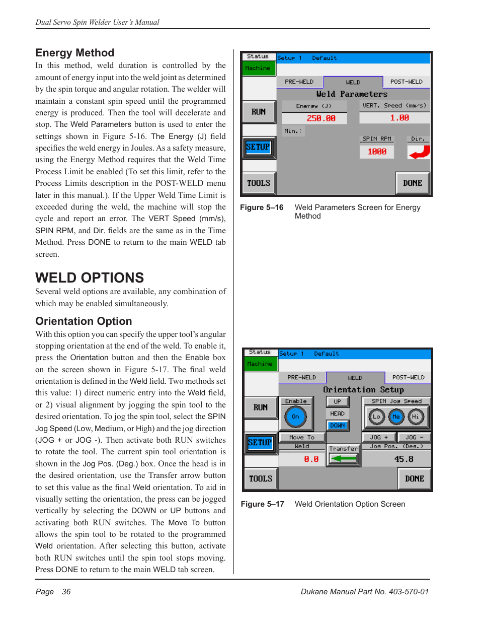 Weld options, Energy method, Orientation option | Dukane 403-570-01 User Manual | Page 42 / 118