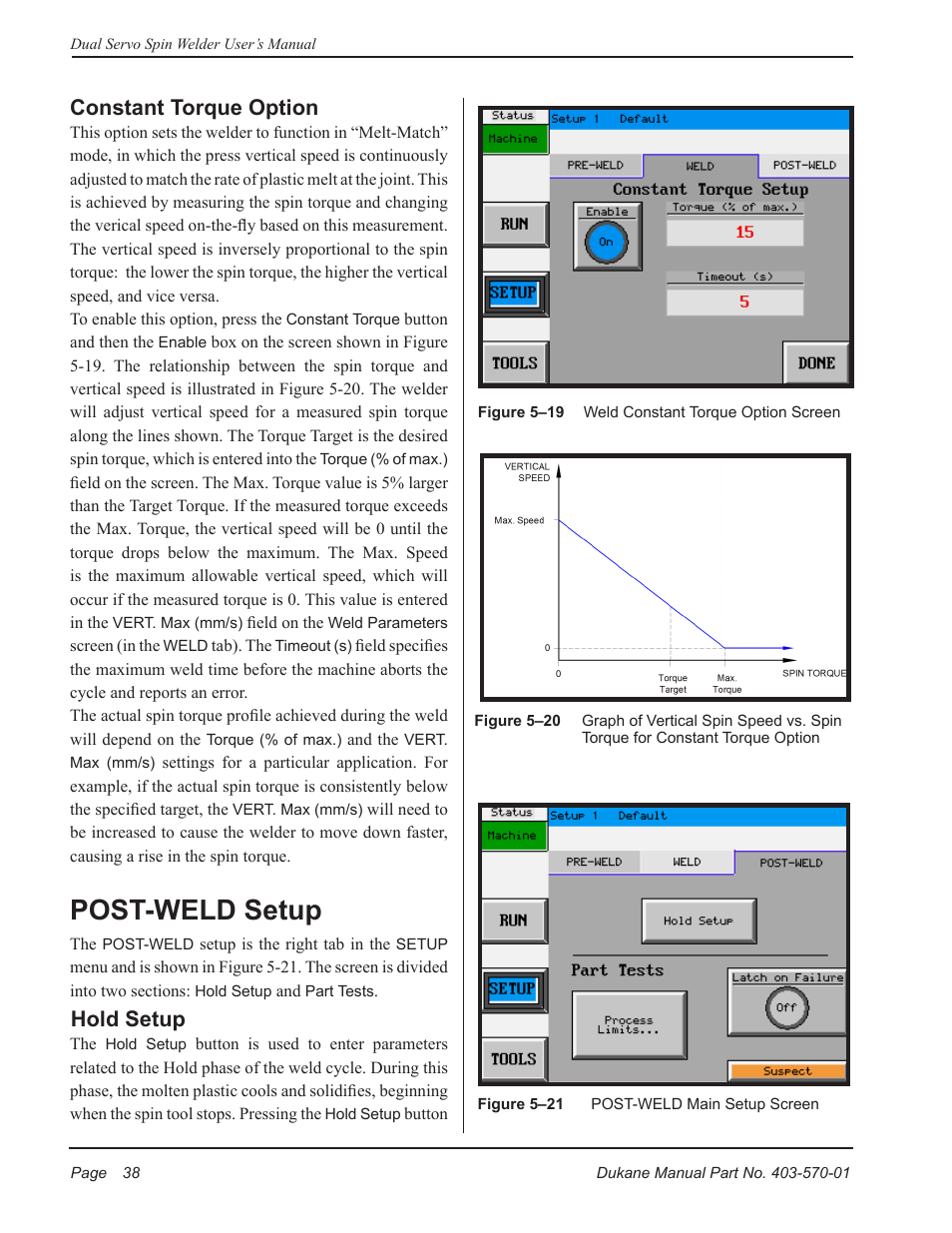 Post-weld setup, Constant torque option, Hold setup | Dukane 403-570-01 User Manual | Page 44 / 118