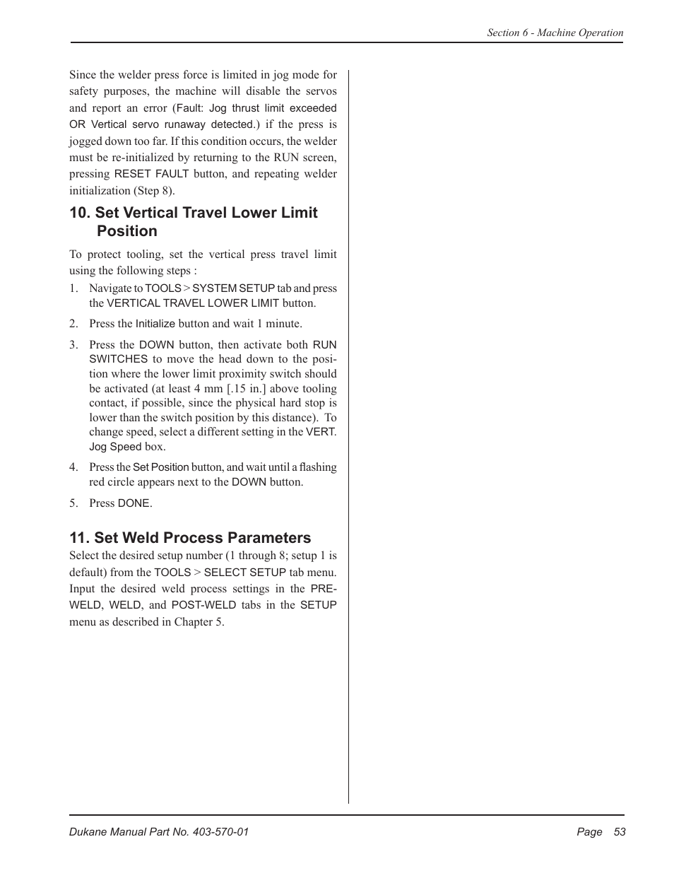 Set vertical travel lower limit position, Set weld process parameters | Dukane 403-570-01 User Manual | Page 59 / 118