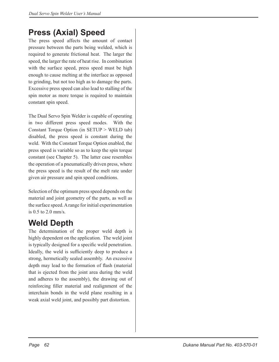 Press (axial) speed, Weld depth | Dukane 403-570-01 User Manual | Page 68 / 118