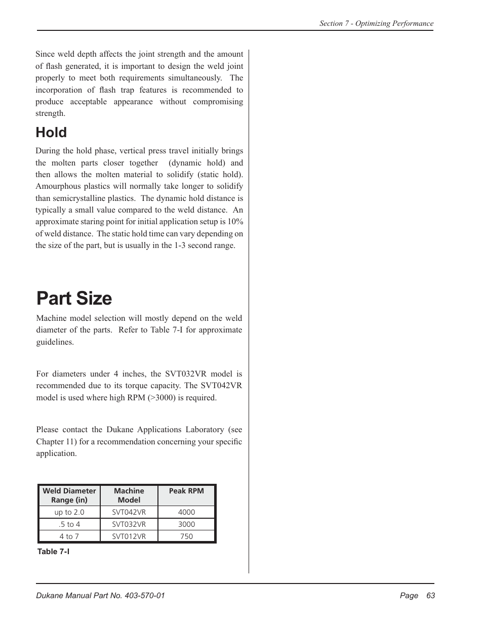 Part size, Hold | Dukane 403-570-01 User Manual | Page 69 / 118