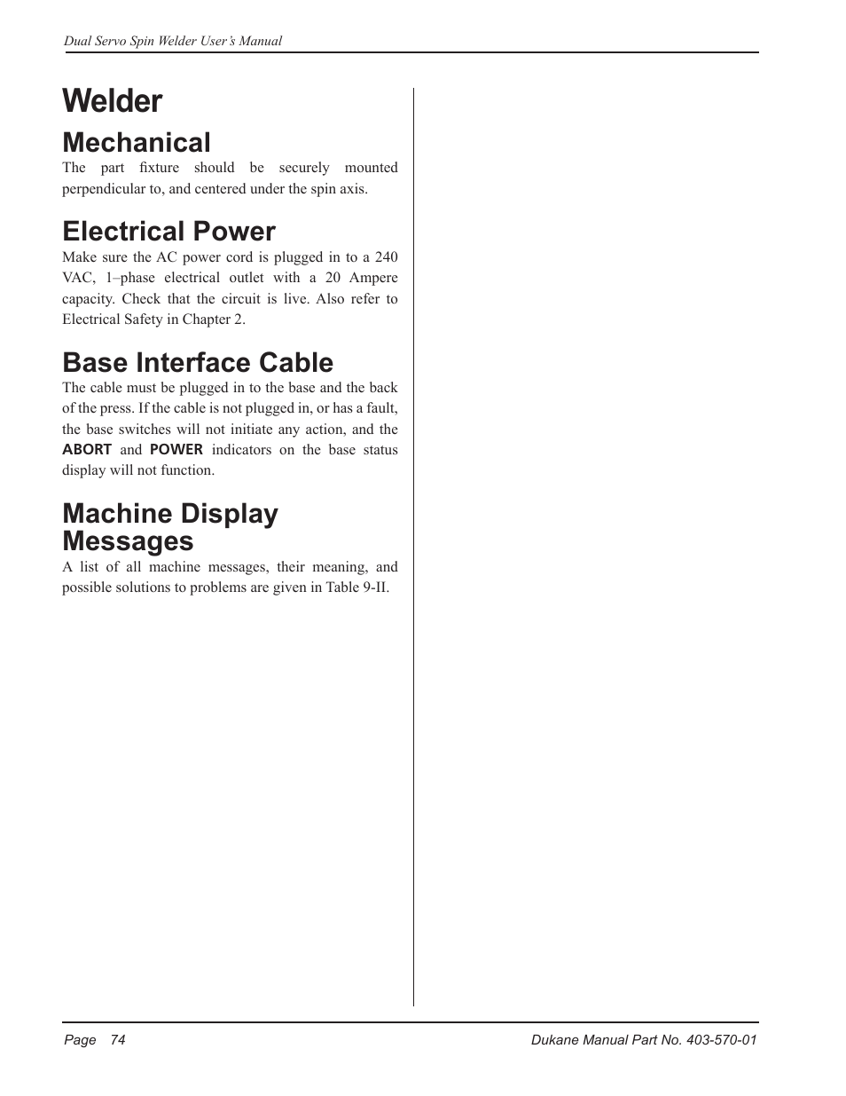 Welder, Mechanical, Electrical power | Base interface cable, Machine display messages | Dukane 403-570-01 User Manual | Page 80 / 118