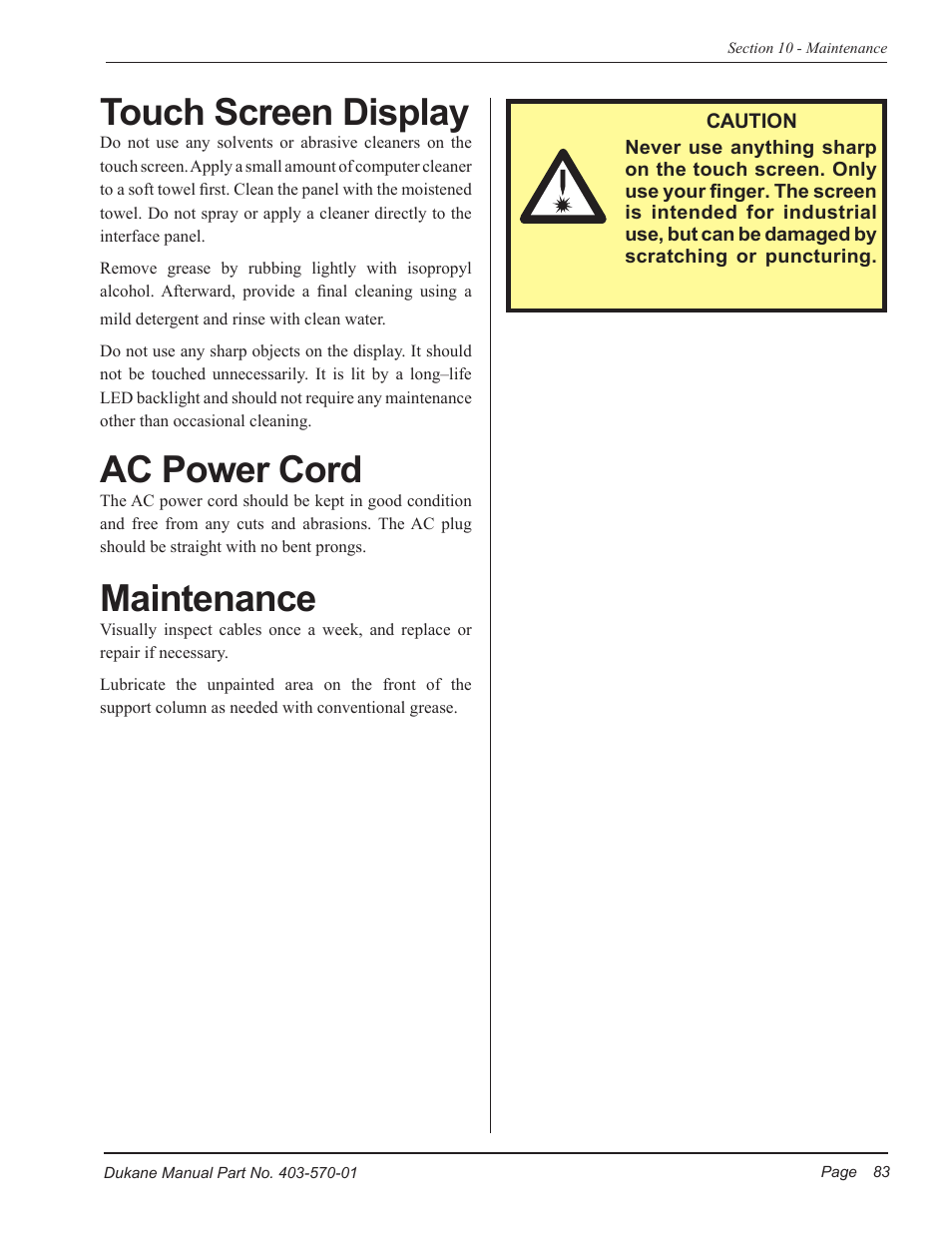 Touch screen display, Ac power cord, Maintenance | Dukane 403-570-01 User Manual | Page 89 / 118