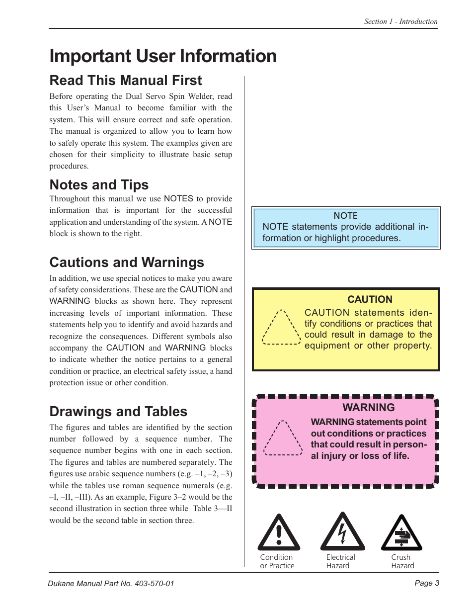 Important user information, Read this manual first, Cautions and warnings | Drawings and tables | Dukane 403-570-01 User Manual | Page 9 / 118