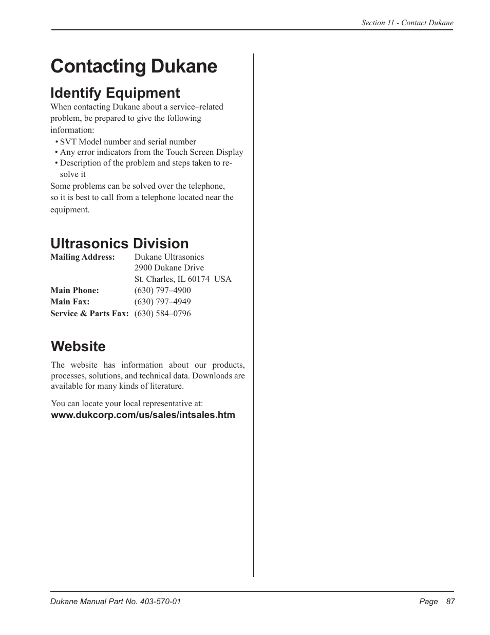 Contacting dukane, Website, Identify equipment | Ultrasonics division | Dukane 403-570-01 User Manual | Page 93 / 118