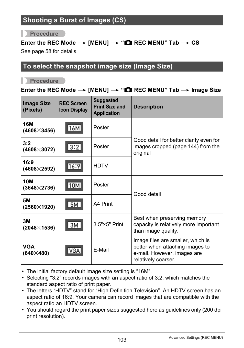 Shooting a burst of images (cs), To select the snapshot image size (image size) | Casio EX-FC500S User Manual | Page 103 / 248
