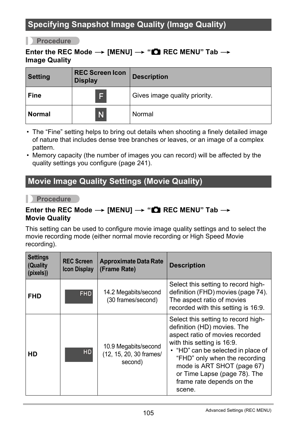 Specifying snapshot image quality (image quality), Movie image quality settings (movie quality) | Casio EX-FC500S User Manual | Page 105 / 248