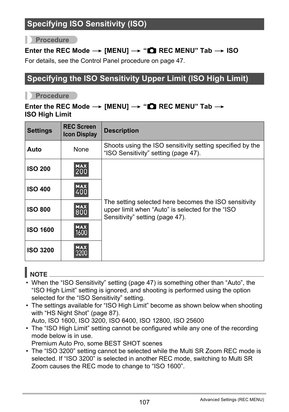 Specifying iso sensitivity (iso) | Casio EX-FC500S User Manual | Page 107 / 248