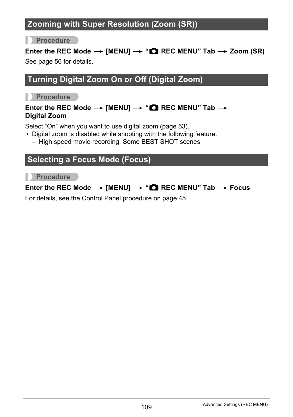 Zooming with super resolution (zoom (sr)), Turning digital zoom on or off (digital zoom), Selecting a focus mode (focus) | Casio EX-FC500S User Manual | Page 109 / 248