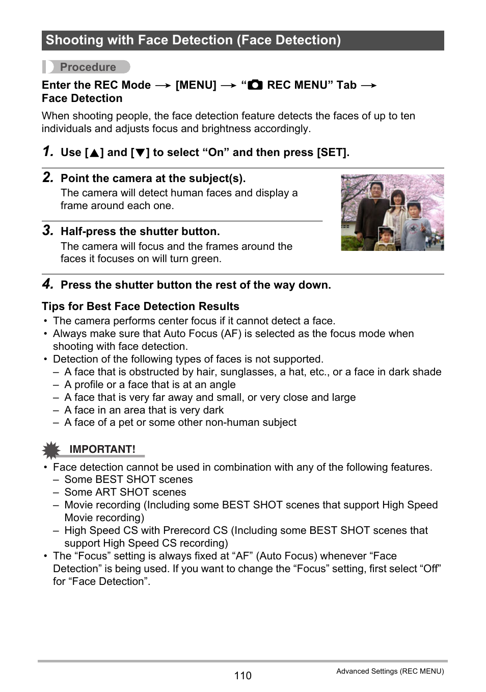 Shooting with face detection (face detection) | Casio EX-FC500S User Manual | Page 110 / 248