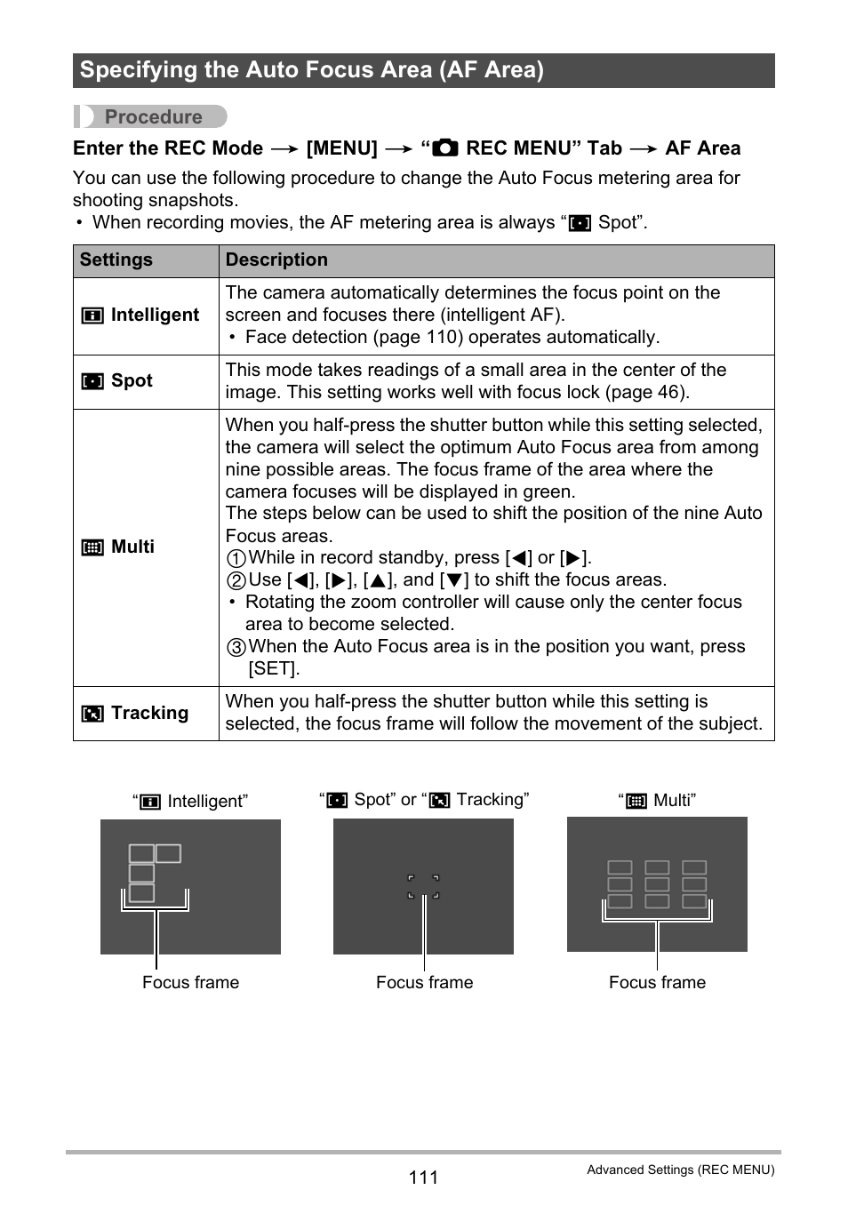 Specifying the auto focus area (af area), Ge 111) f | Casio EX-FC500S User Manual | Page 111 / 248