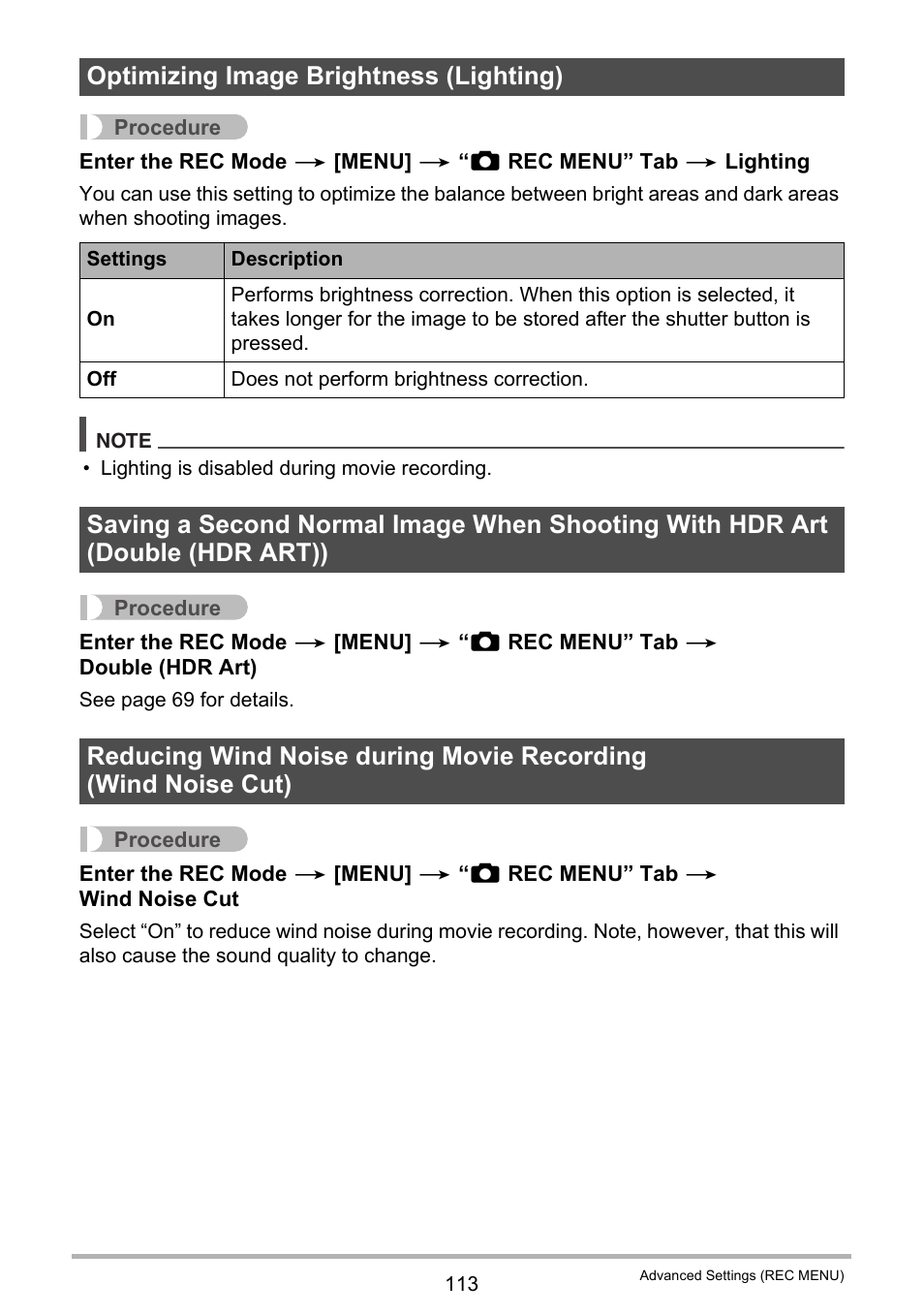 Optimizing image brightness (lighting) | Casio EX-FC500S User Manual | Page 113 / 248