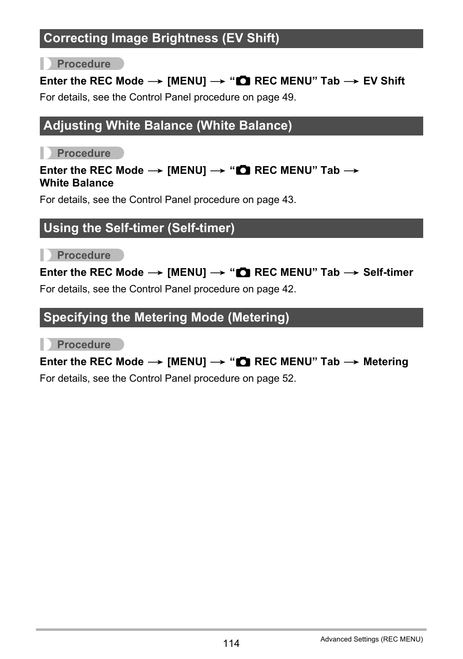 Correcting image brightness (ev shift), Adjusting white balance (white balance), Using the self-timer (self-timer) | Specifying the metering mode (metering) | Casio EX-FC500S User Manual | Page 114 / 248