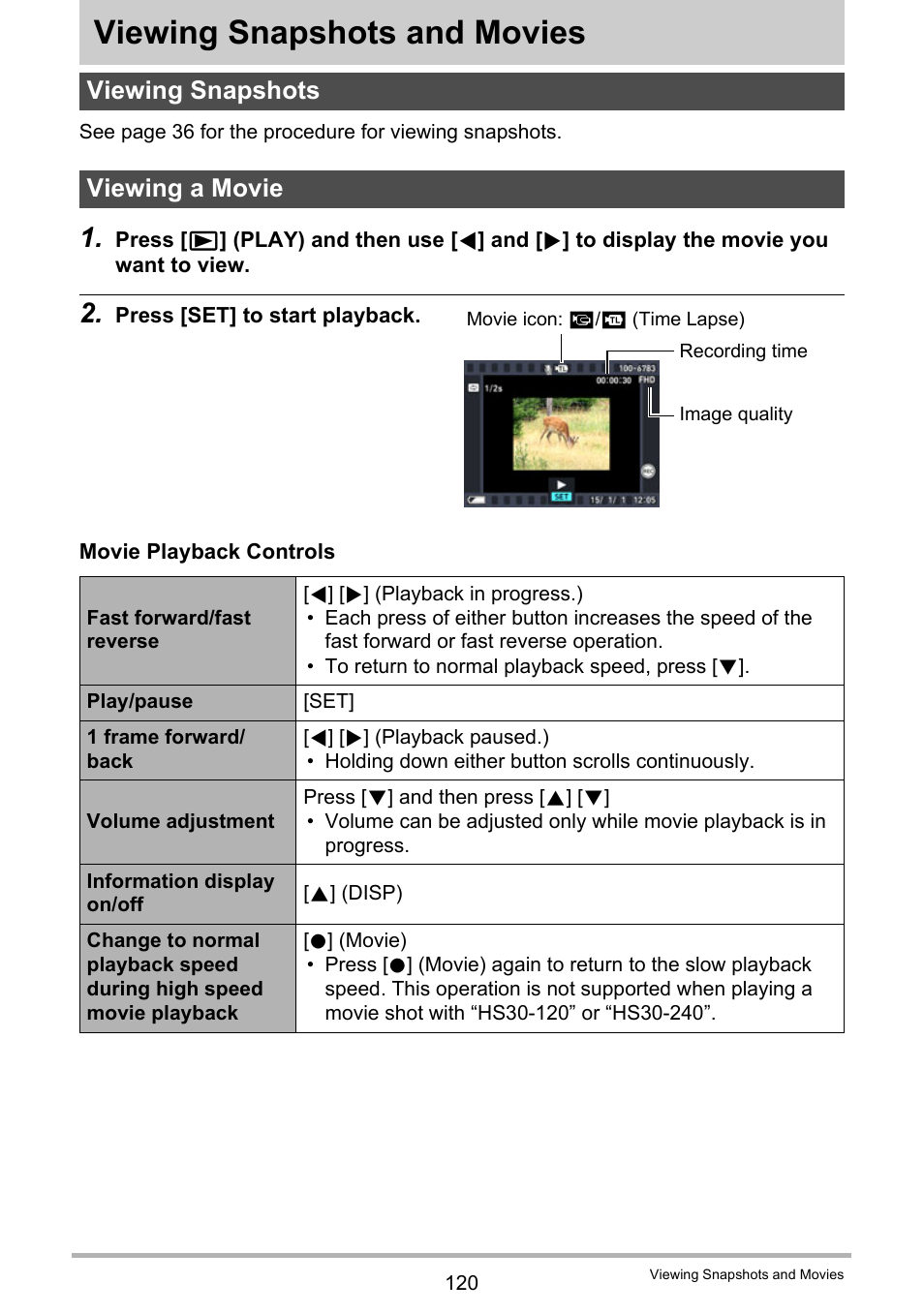 Viewing snapshots and movies, Viewing snapshots, Viewing a movie | Viewing snapshots viewing a movie, Age 120 | Casio EX-FC500S User Manual | Page 120 / 248