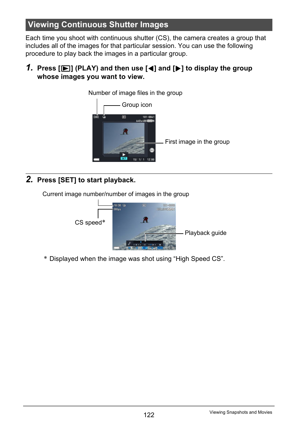 Viewing continuous shutter images | Casio EX-FC500S User Manual | Page 122 / 248