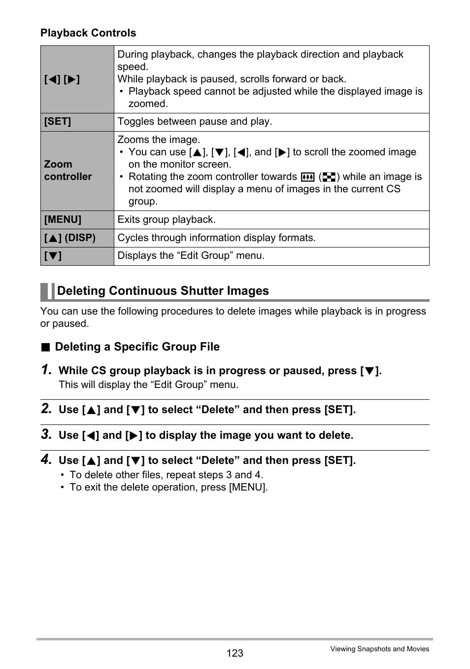 Deleting continuous shutter images | Casio EX-FC500S User Manual | Page 123 / 248