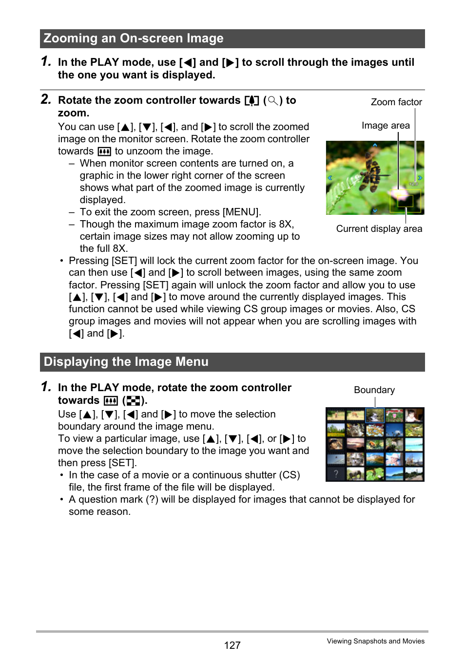 Zooming an on-screen image, Displaying the image menu | Casio EX-FC500S User Manual | Page 127 / 248