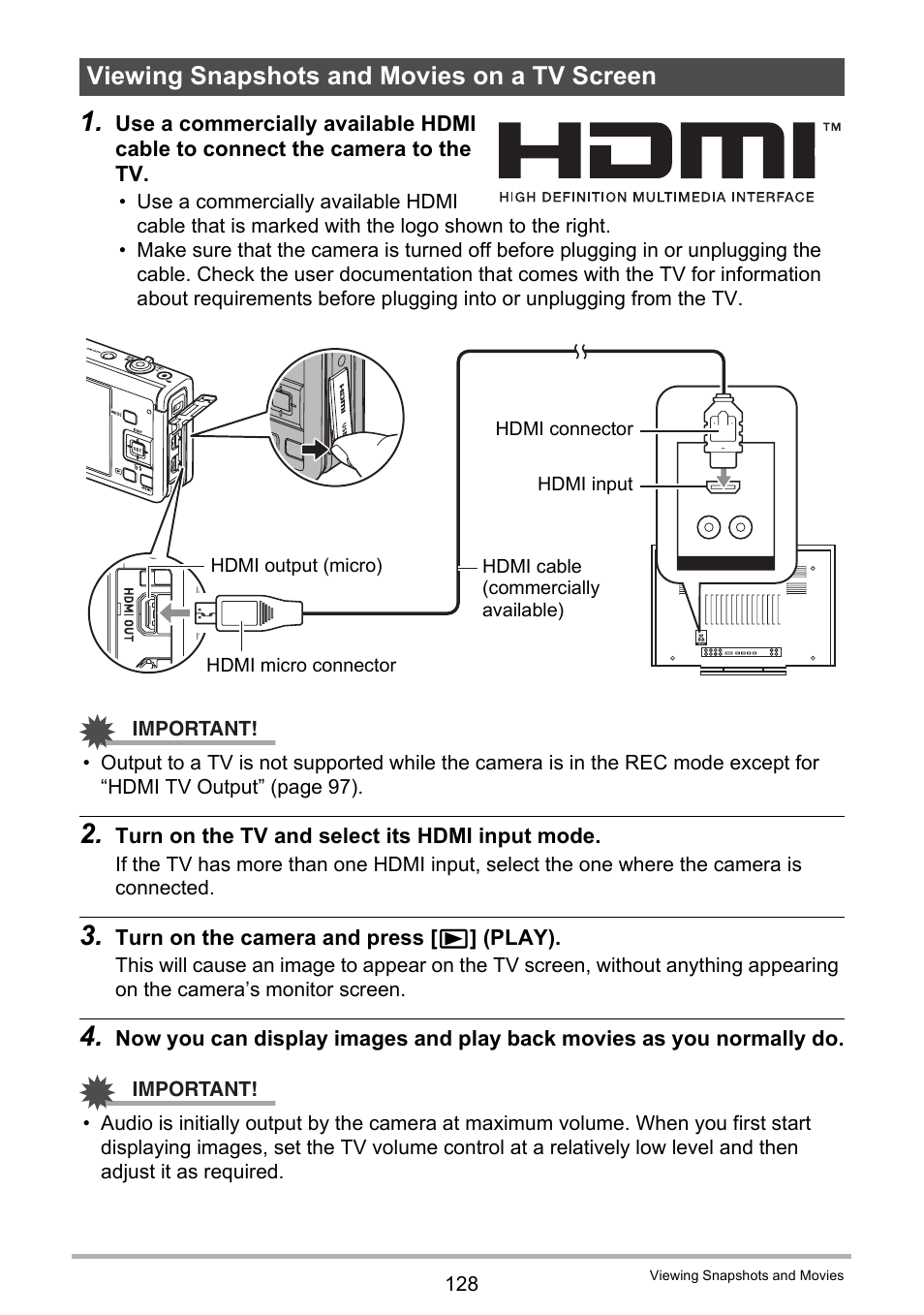 Viewing snapshots and movies on a tv screen | Casio EX-FC500S User Manual | Page 128 / 248