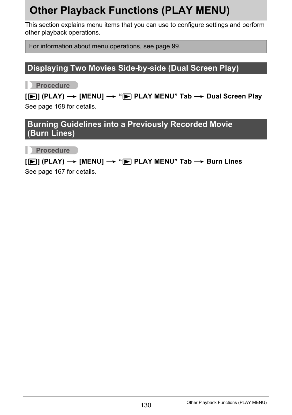 Other playback functions (play menu), Other playback functions, Play menu) 130 | Casio EX-FC500S User Manual | Page 130 / 248