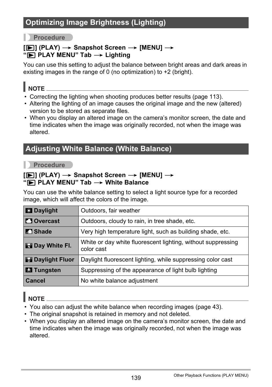 Optimizing image brightness (lighting), Adjusting white balance (white balance) | Casio EX-FC500S User Manual | Page 139 / 248