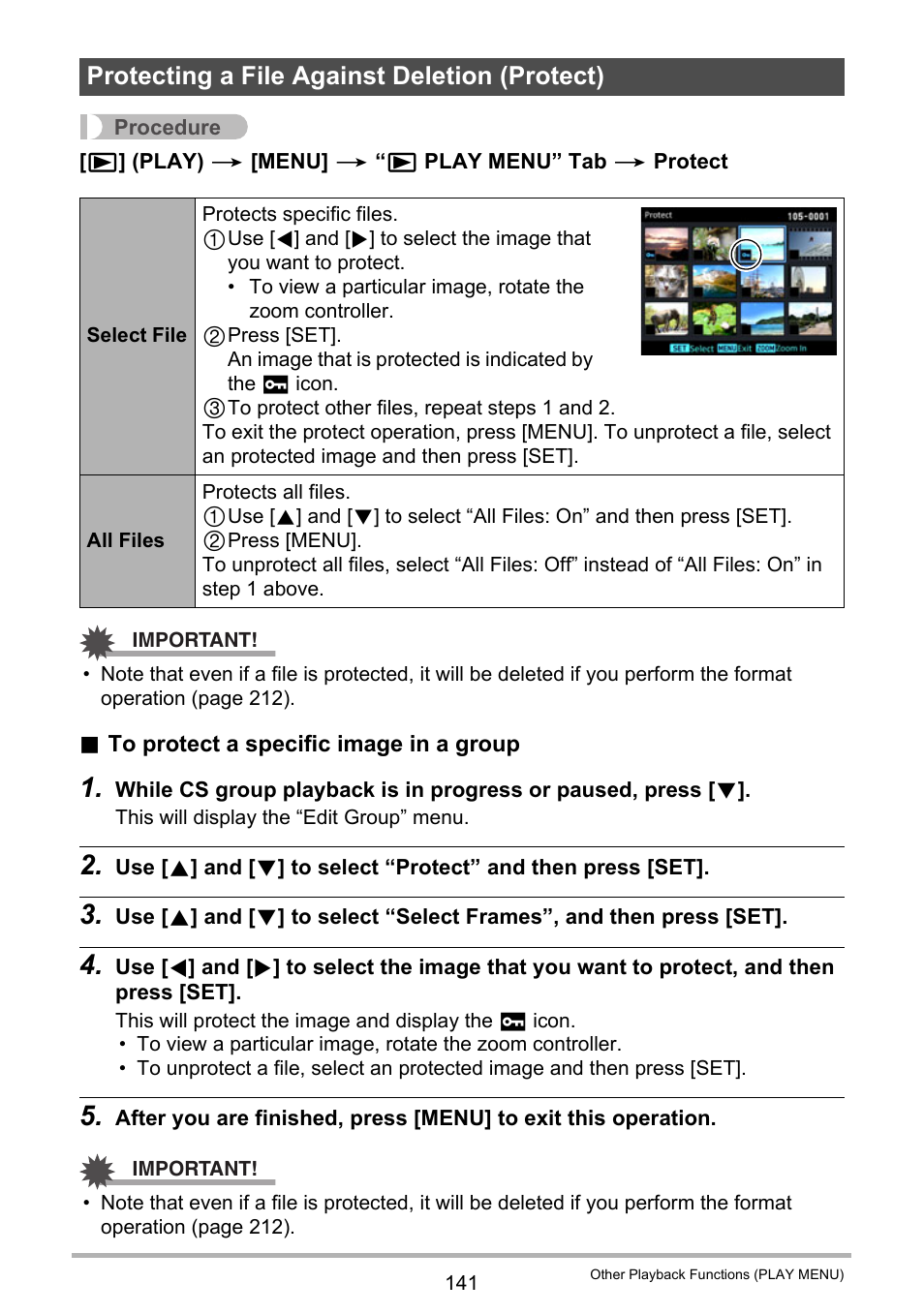 Protecting a file against deletion (protect) | Casio EX-FC500S User Manual | Page 141 / 248