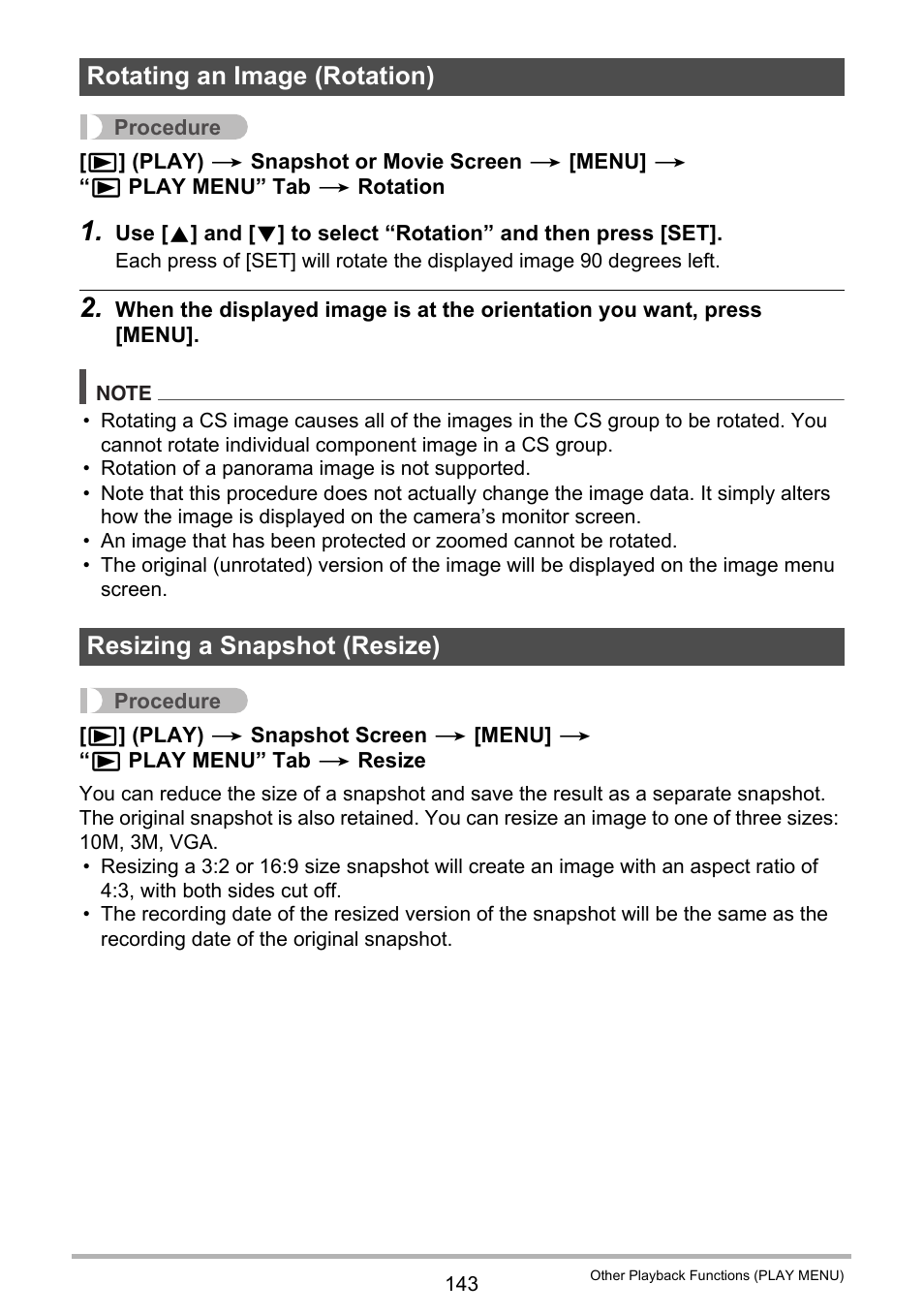 Rotating an image (rotation), Resizing a snapshot (resize) | Casio EX-FC500S User Manual | Page 143 / 248