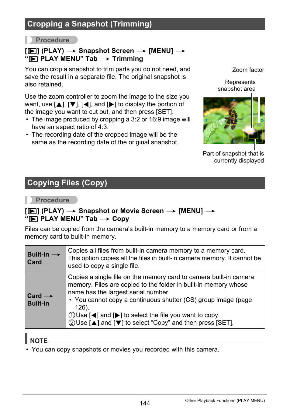 Cropping a snapshot (trimming), Copying files (copy) | Casio EX-FC500S User Manual | Page 144 / 248