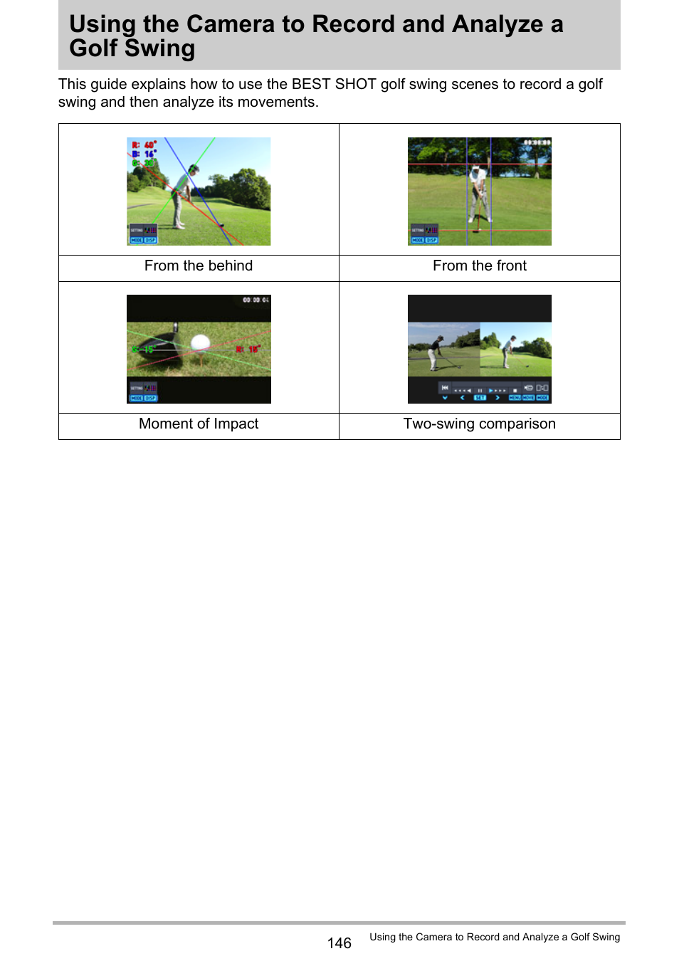 Using the camera to record and, Analyze a golf swing | Casio EX-FC500S User Manual | Page 146 / 248