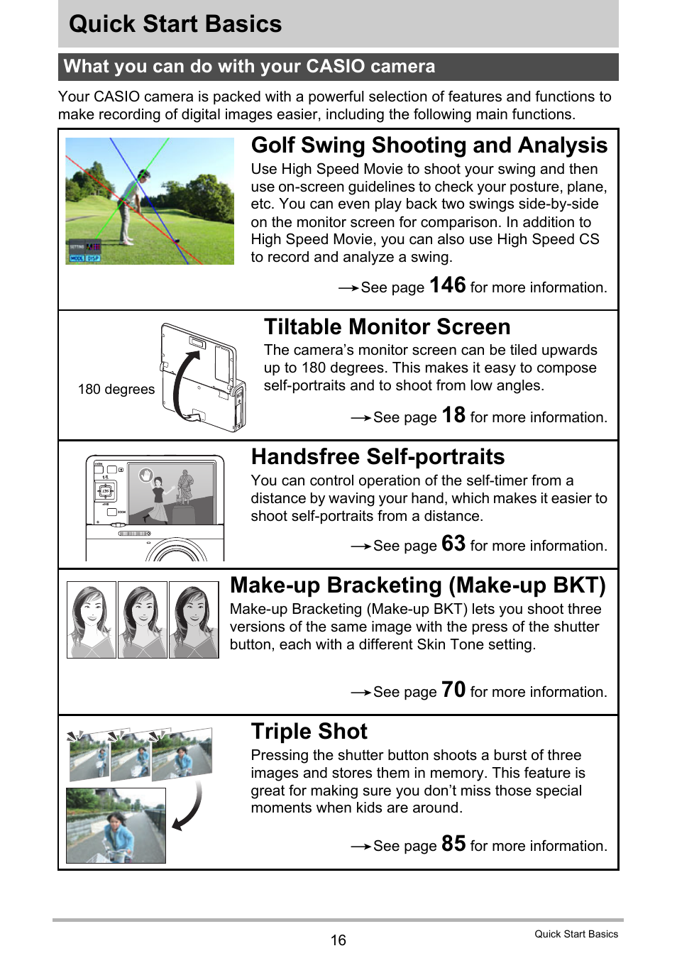 Quick start basics, What you can do with your casio camera, Golf swing shooting and analysis | Tiltable monitor screen, Handsfree self-portraits, Make-up bracketing (make-up bkt), Triple shot | Casio EX-FC500S User Manual | Page 16 / 248