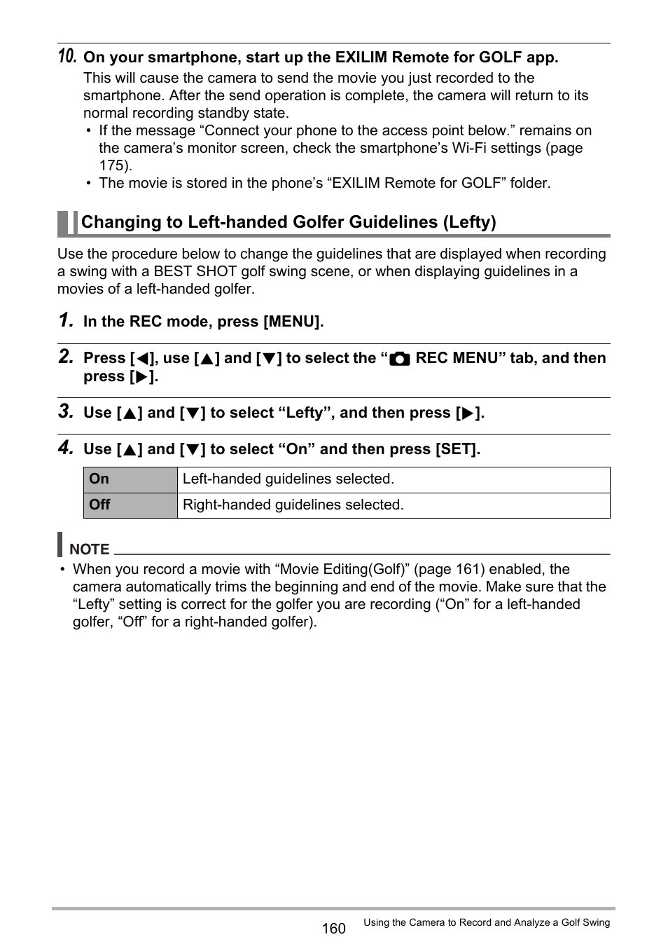 Changing to left-handed golfer guidelines (lefty) | Casio EX-FC500S User Manual | Page 160 / 248