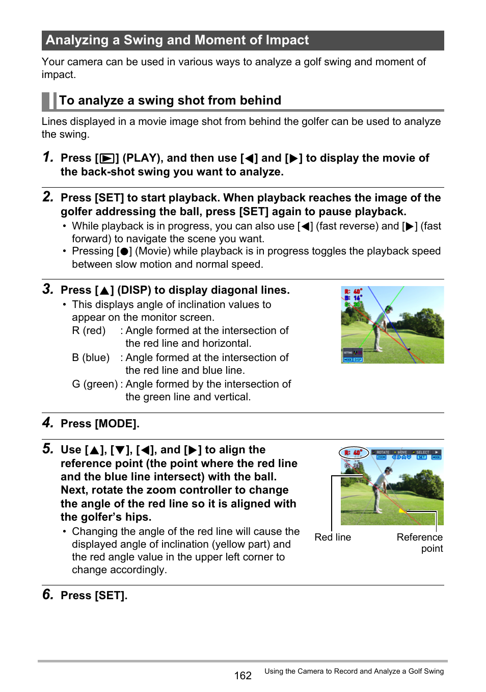 Analyzing a swing and moment of impact, To analyze a swing shot from behind | Casio EX-FC500S User Manual | Page 162 / 248