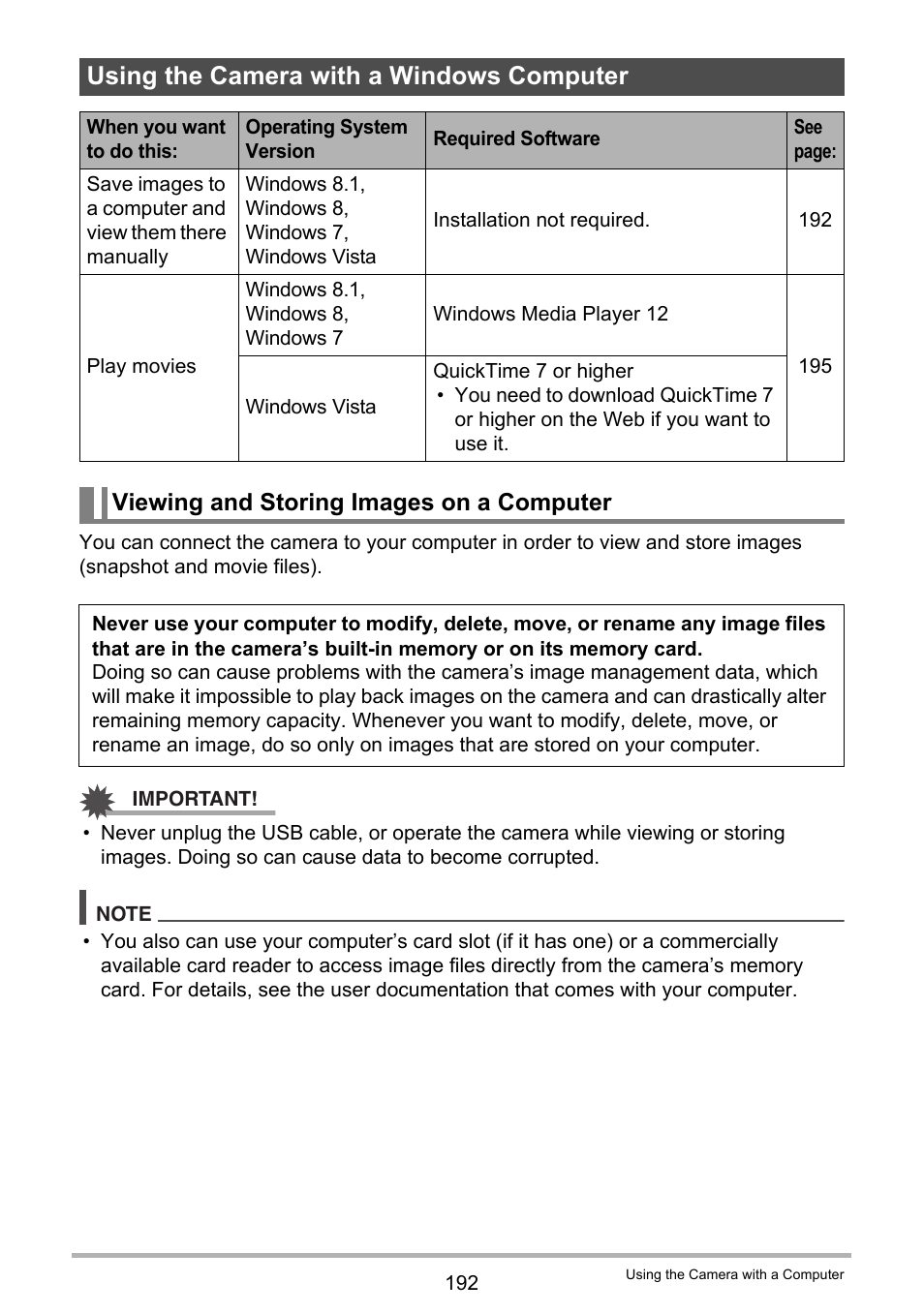Using the camera with a windows computer, Viewing and storing images on a computer, To “using the camera with a windows computer | Casio EX-FC500S User Manual | Page 192 / 248
