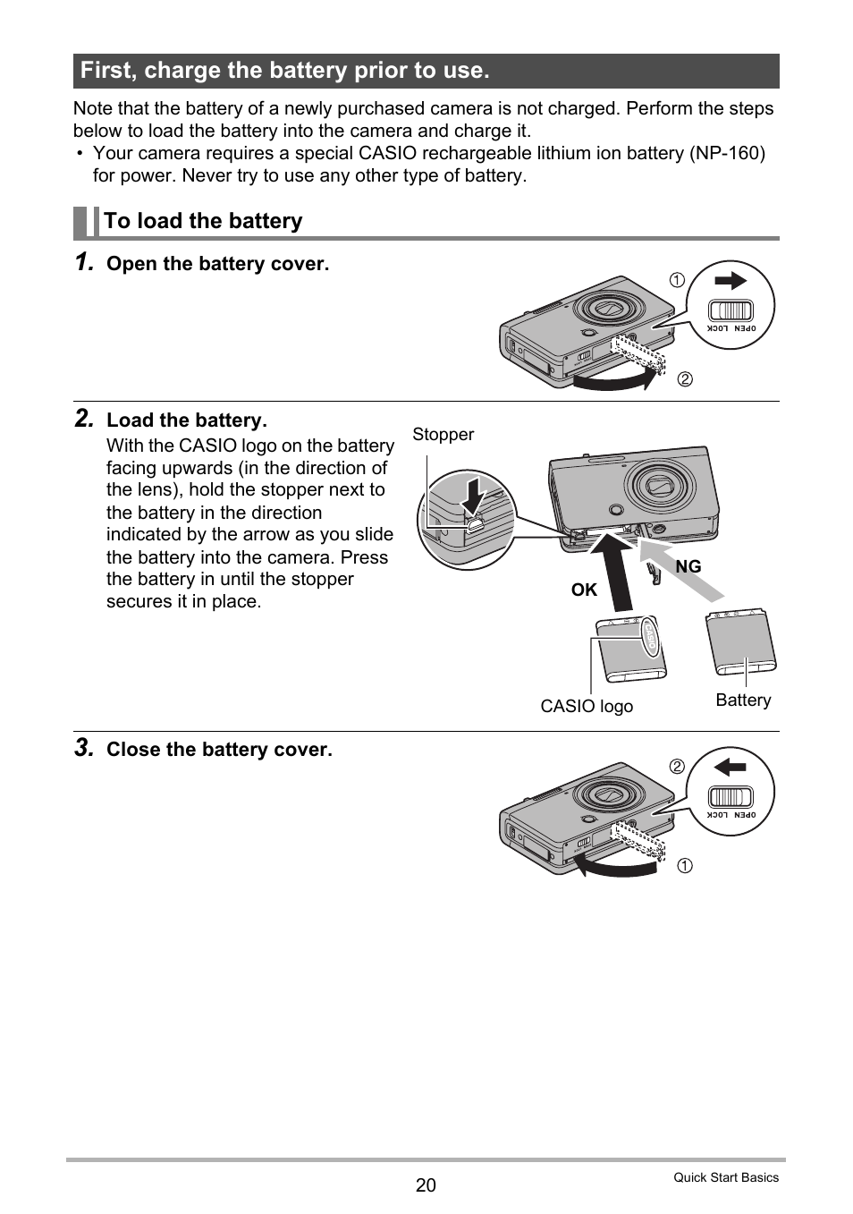 First, charge the battery prior to use, To load the battery | Casio EX-FC500S User Manual | Page 20 / 248