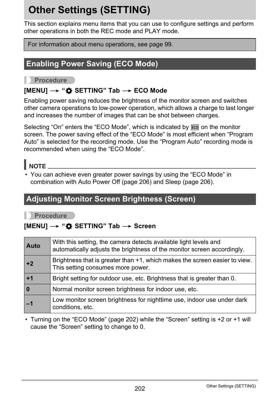 Other settings (setting), Enabling power saving (eco mode), Adjusting monitor screen brightness (screen) | Other settings, Setting) 202 | Casio EX-FC500S User Manual | Page 202 / 248