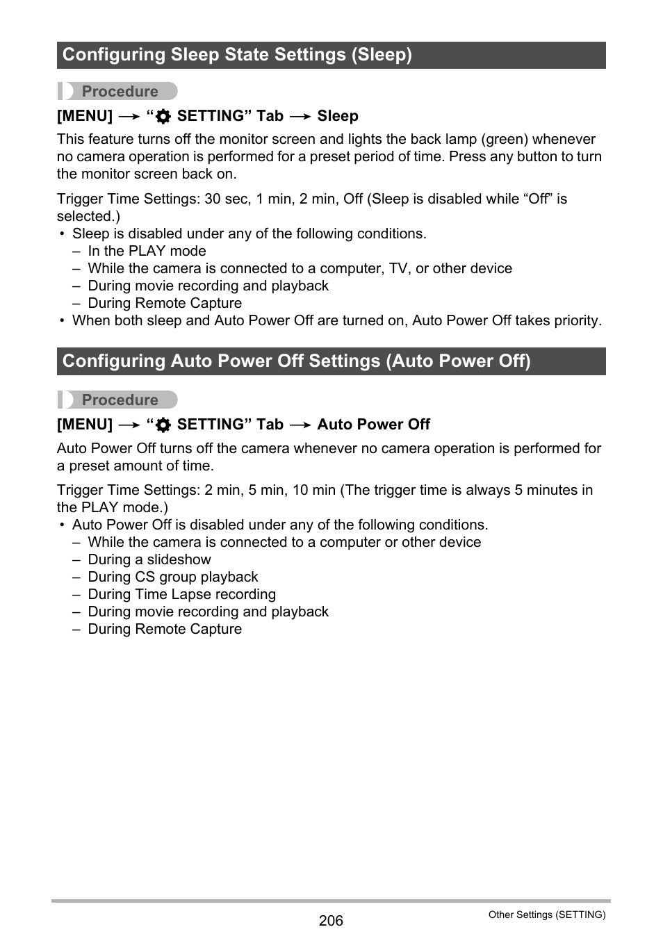 Configuring sleep state settings (sleep), Age 206) | Casio EX-FC500S User Manual | Page 206 / 248