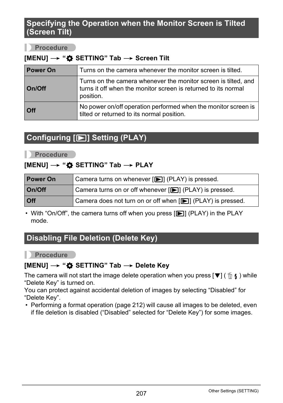 Configuring [>] setting (play), Disabling file deletion (delete key), Configuring [ p ] setting (play) | Casio EX-FC500S User Manual | Page 207 / 248