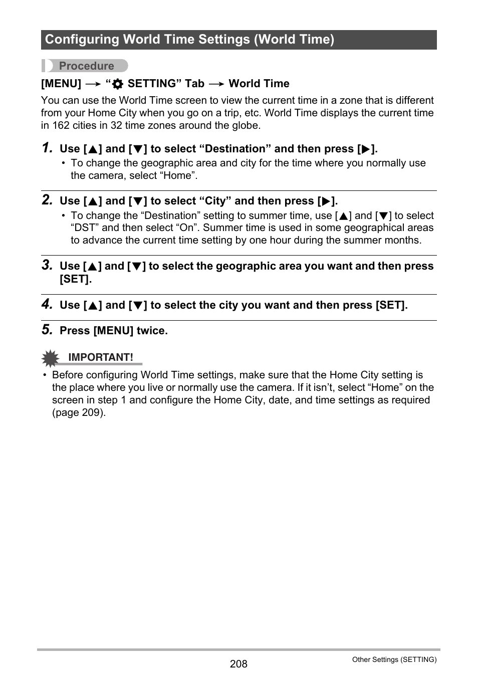Configuring world time settings (world time) | Casio EX-FC500S User Manual | Page 208 / 248