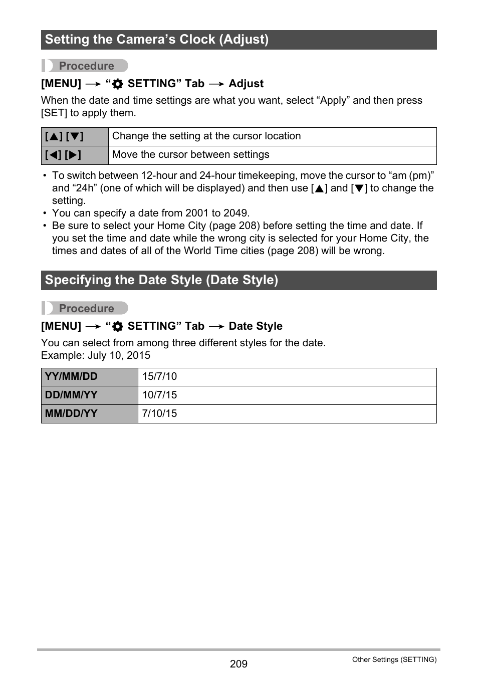 Setting the camera’s clock (adjust), Specifying the date style (date style), E 209) | Casio EX-FC500S User Manual | Page 209 / 248