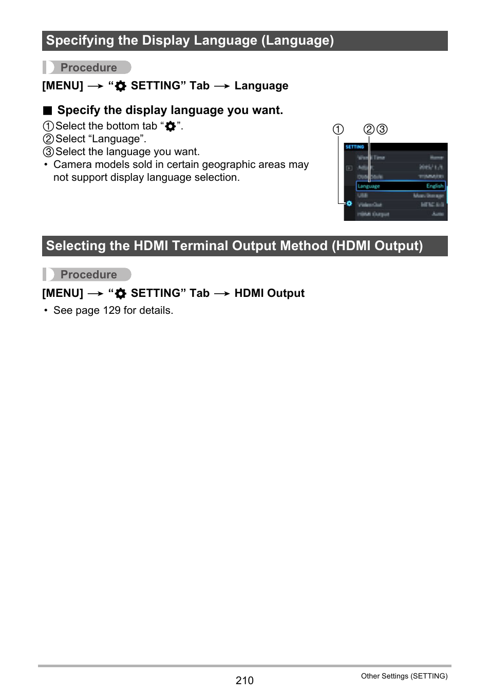 Specifying the display language (language), E 210). n | Casio EX-FC500S User Manual | Page 210 / 248