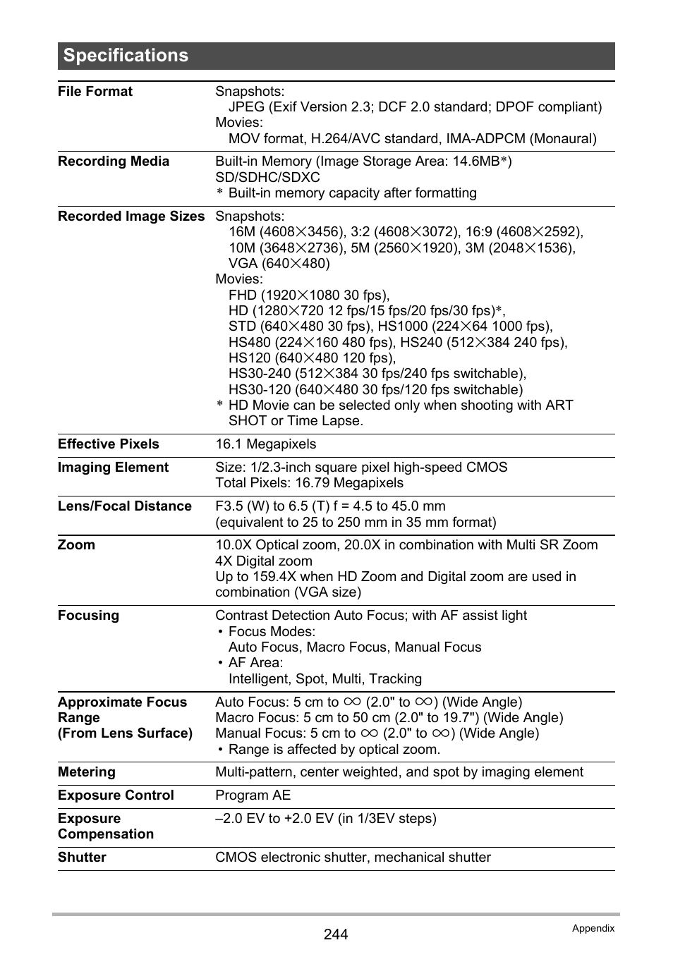 Specifications | Casio EX-FC500S User Manual | Page 244 / 248
